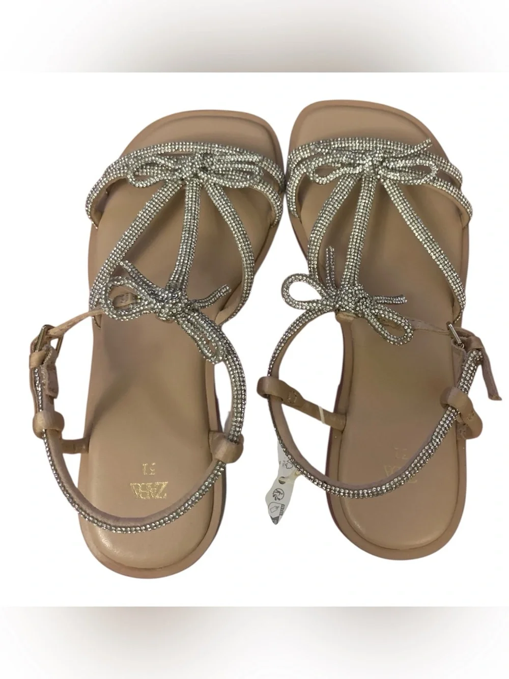 Zara Nude Sandals with Silver Rhinestone Bows Girl 13